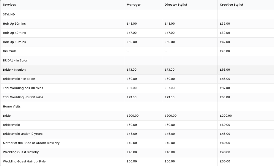 Price List Aruba Hairdressers North Cornwall Bridal Hair Bodmin